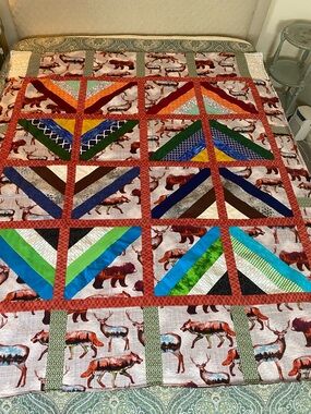 Handmade Wildlife Patchwork Quilt with Deer, wolves and bears